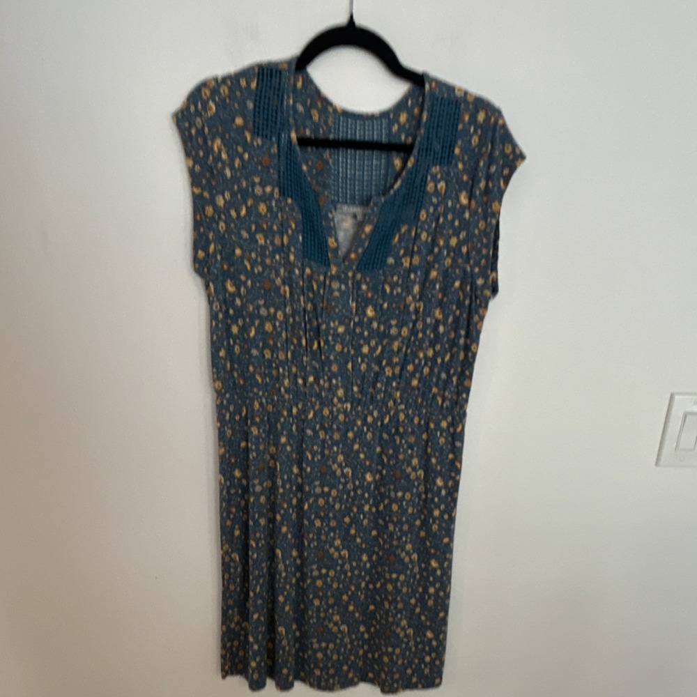 Daniel Rainn Blue Floral Knee Length A-Line Dress Lace Accent Cap Sleeve L